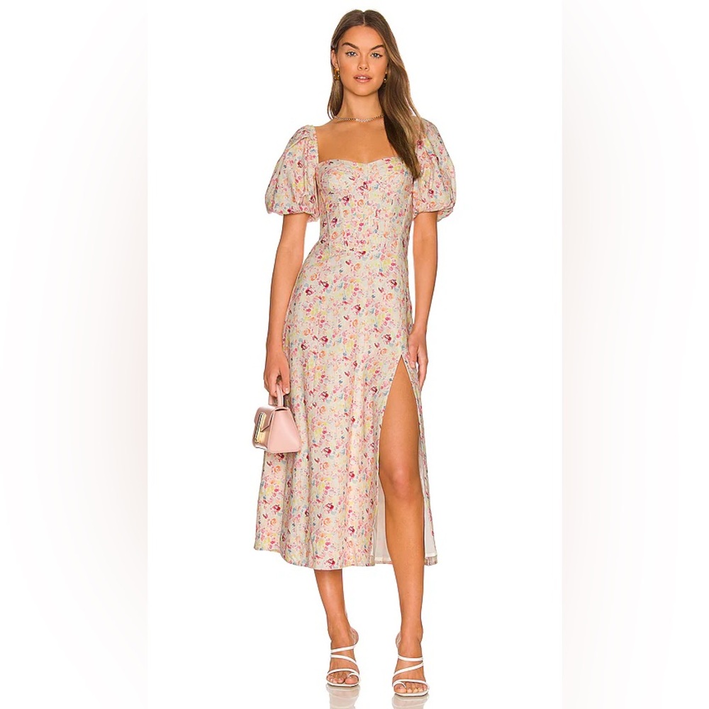 Bardot Pink Floral Midi Dress with Puff Sleeves